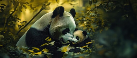 Obraz premium A tender moment between a panda and its cub in a lush, green setting.