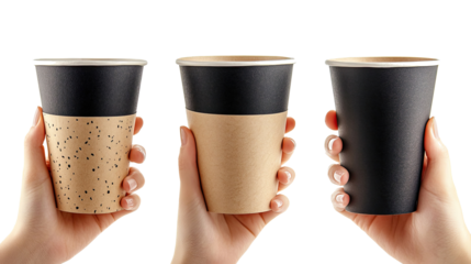 Two Hands Grasp a Variety of Coffee Cups in Black and Paper Designs Generative AI