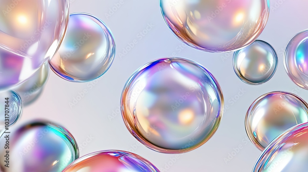Poster iridescent spheres floating on a light background