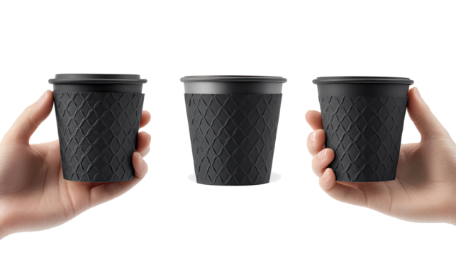 Hands Holding Black and Paper Coffee Cups on Clear Background Generative AI