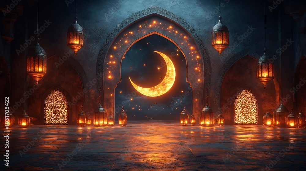 Poster ramadan kareem illustration 3d glowing lanterns a crescent moon and floating stars set against a tra