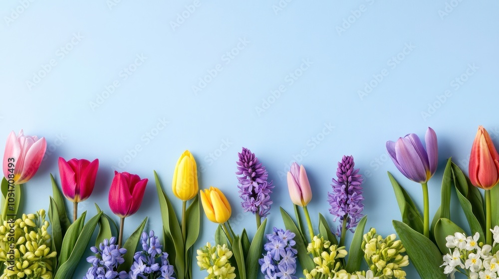 Poster A vibrant arrangement of colorful flowers against a light blue background, celebrating nature's beauty.