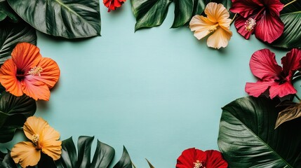Obraz premium Vibrant tropical flowers and leaves arranged on a teal background for decorative purposes.