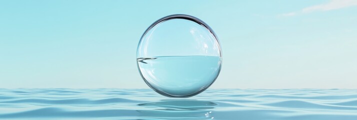 A 3D  image of a clear water bubble floating on the surface of the ocean, representing purity, fragility, and the beauty of nature.