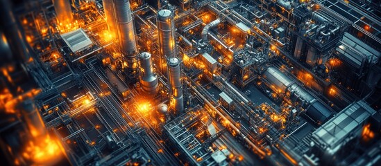 Aerial view of a large industrial plant with illuminated pipes and machinery.