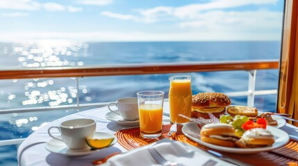 A breakfast spread on a table in a cruise ship cabin overlooking the ocean.
