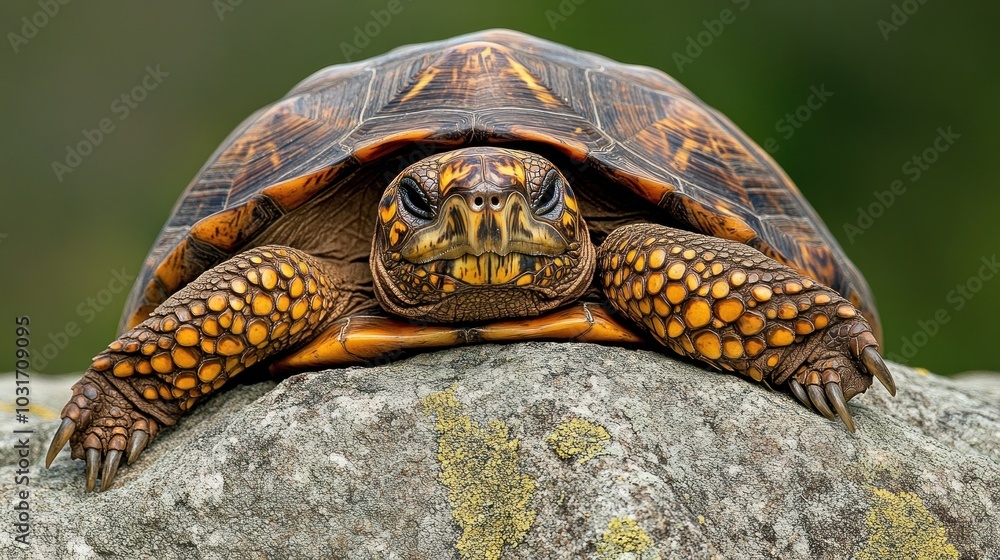 Poster a close-up of a turtle resting on a rock, showcasing its vibrant shell and textures.