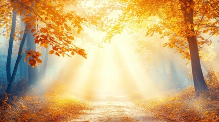 Obraz premium A serene autumn forest with warm sunlight filtering through trees, creating a peaceful atmosphere.