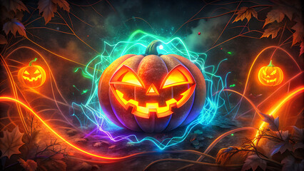Naklejka premium Halloween Carved Pumpkin background. Neon blur glow. Luminous bright orange Luminous yellow radiance soft texture on dark black abstract empty space background. Color light overlay. Copy space.