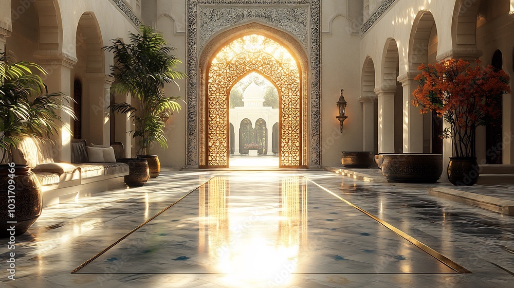 Poster ramadan kareem luxurious script on a greeting card showcasing a mosque entrance with open doors invi