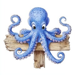 Fototapeta premium Cute Blue Octopus Holding Wooden Signboard Illustration
