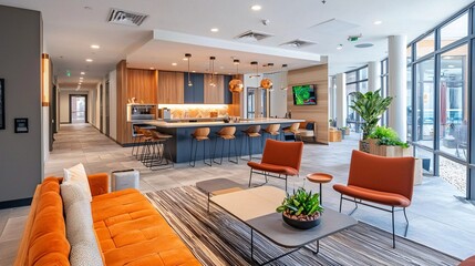 A stylish communal living environment with contemporary furnishings and shared facilities, fostering collaboration and social engagement among residents.