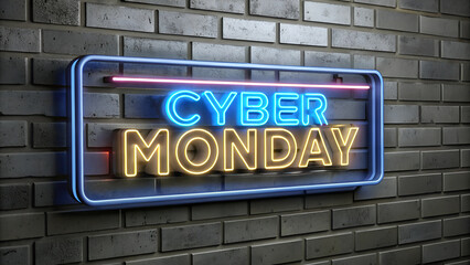 Obraz premium 3D render Cyber Monday Concept banner in fashionable neon style, luminous signboard, nightly advertising of sales rebates of Cyber Monday. Black brick wall. Editing text neon sign.