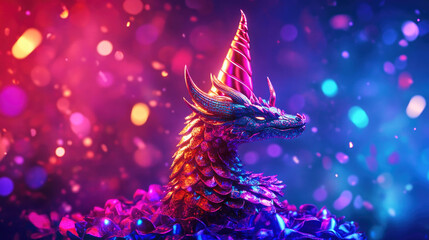 Fototapeta premium Vibrant fantasy dragon-themed birthday hat with scales and horns celebrating a magical birthday party