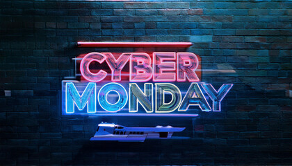 3D render Cyber Monday Concept banner in fashionable neon style, luminous signboard, nightly advertising of sales rebates of Cyber Monday. Black brick wall. Editing text neon sign.