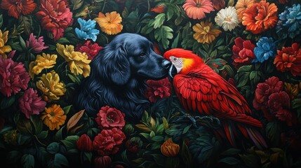 A black dog and a red parrot nestled among vibrant flowers, showcasing nature's beauty.