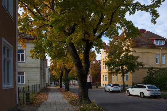 Sala, Sweden - October 5, 2024: Fall season on Agu&eacute;ligatan street in small Swedish town, Yellow residential buildings, White cars parked on the side of the road, Fallen leaves on the sidewalk