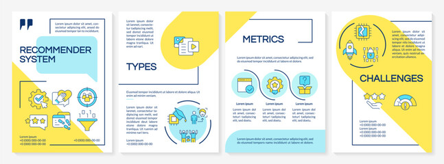 Recommendation system blue and yellow brochure template. Leaflet design with linear icons. Editable 4 vector layouts for presentation, annual reports. Questrial, Lato-Regular fonts used