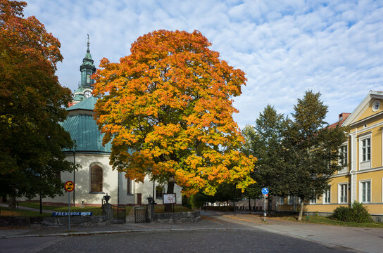 Sala, Sweden - October 5, 2024: Town street view next to church Kristina kyrka, Tree in autumn colors