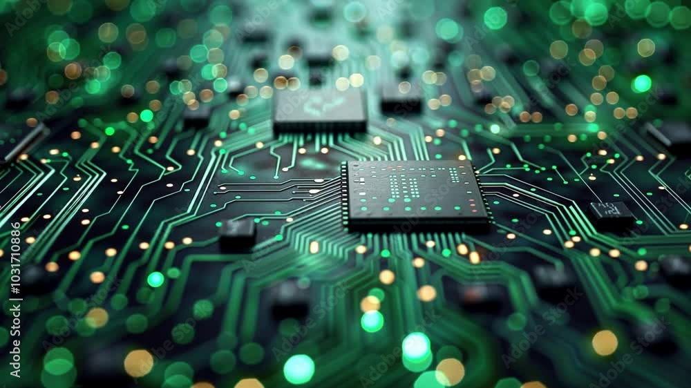 Aufkleber This detailed view highlights a circuit board filled with intricate pathways and chips, featuring vibrant green lights that illustrate modern technology's complexity.