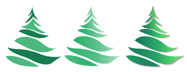 Three stylized Christmas trees in varying shades of green, featuring a sleek design. Set against a white background. Vector illustration