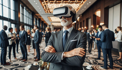 A middle-aged businessman who uses a virtual reality headset in the conference room to communicate with the other interlocutors.