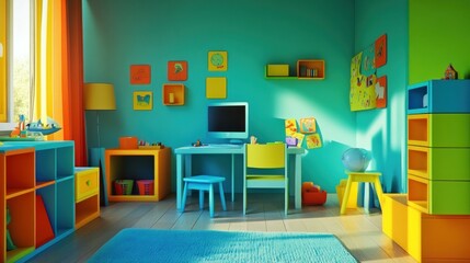 Colorful Playroom Interior with Desk, Shelves, and Toys
