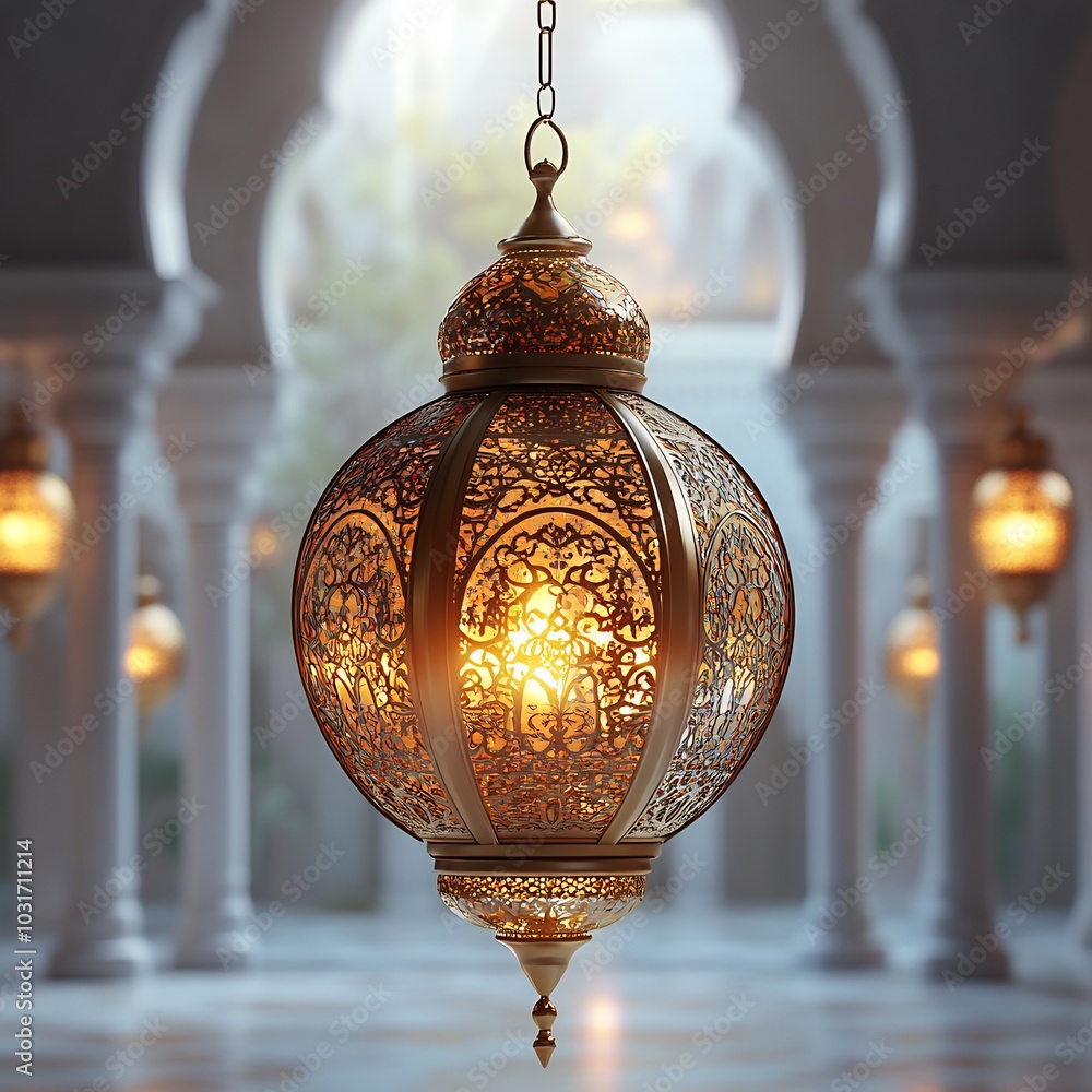 Aufkleber ramadan kareem written flowing script beneath a glowing golden lantern hanging against a bright whit