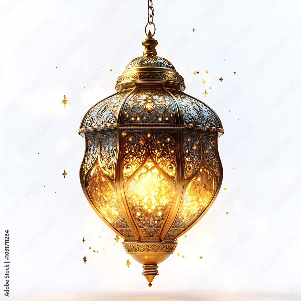 Aufkleber ramadan kareem written flowing script beneath a glowing golden lantern hanging against a bright whit
