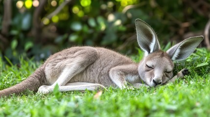 Fototapeta premium A kangaroo resting peacefully on green grass, embodying tranquility in nature.