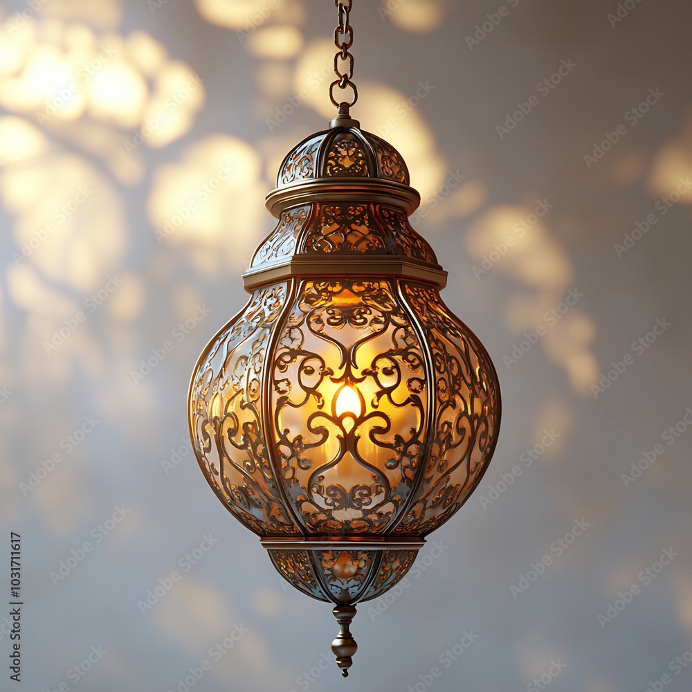 Aufkleber ramadan kareem written flowing script beneath a glowing golden lantern hanging against a bright whit