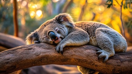 A koala peacefully sleeping on a branch in a natural setting.