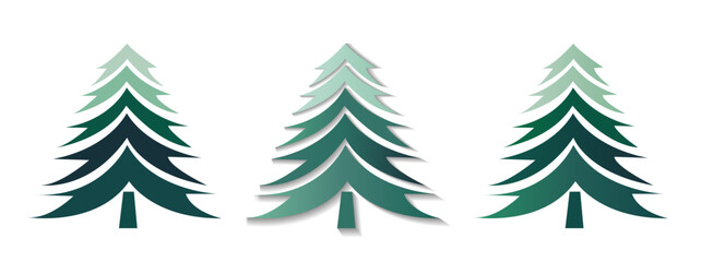 Obraz premium Three stylized Christmas trees in varying shades of green, featuring a sleek design. Set against a white background. Vector illustration