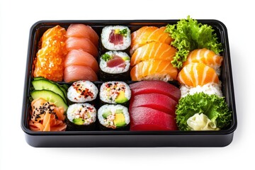 Realistic bento box featuring sushi, sashimi, and vibrant fruit slices for a delightful culinary experience.