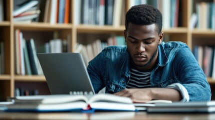 A student researching the education requirements for their desired occupation, surrounded by textbooks and a laptop