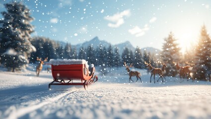 A Cozy Winter Wonderland: Festive Sleigh in Snowy Landscape with Majestic Reindeer, Whispering Trees, and Glimmering Snowflakes Under the Enchanting Sunlit Sky.