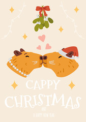 Merry Christmas and happy new year greeting card with two capybaras kissing under mistletoe vector illustration.