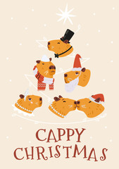 Merry Christmas greeting card with funny capybaras heads vector illustrations.