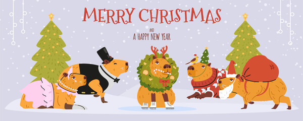Merry Christmas and a happy new year horizontal vector banner with funny capybaras sitting under snowfall.