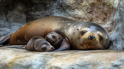 A mother seal resting with her pup on a rocky surface.