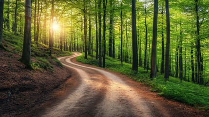Fototapeta premium A winding dirt path through a lush green forest at sunset.