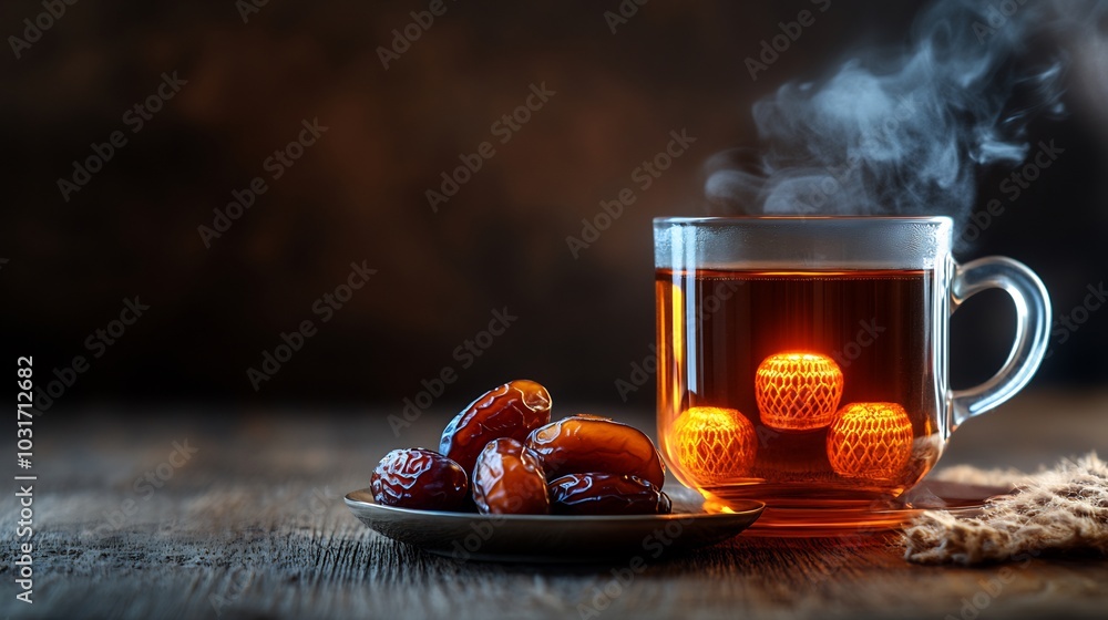 Poster ramadan tea an elegant glass cup steaming gently beside a plate of dates all set against a dark text
