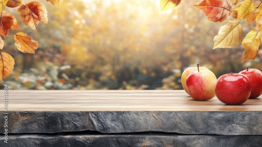 Poster a rustic table with apples against a blurred autumn background.
