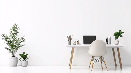 A minimalist home office arrangement showcases a modern desk, ergonomic chair, laptop, and decorative plants against a pristine white backdrop for a fresh aesthetic.