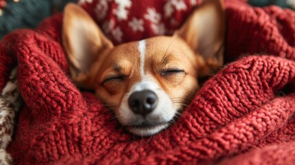 A small, brown dog is peacefully sleeping while wrapped in a warm, red knitted blanket, capturing a...