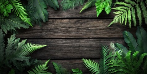 Lush green ferns framing a rustic wooden background, ideal for nature-themed designs.