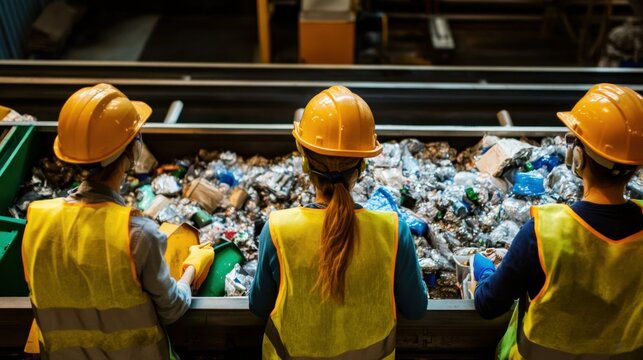 Three Workers in Yellow Vests Sorting Recyclable Materials on a Conveyor Belt