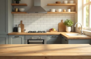 Beautiful empty brown wooden table top and blurred defocused modern kitchen interior background with daylight flare, product montage display.