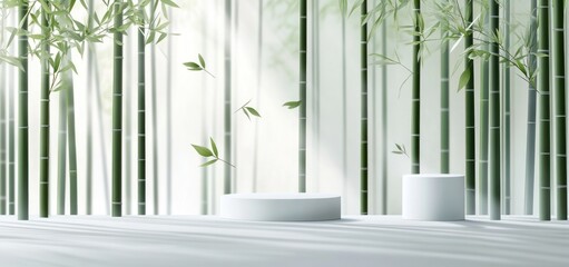 Obraz premium A serene space featuring bamboo and minimalist pedestals for display.