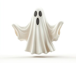 Obraz premium A floating ghost with extended arms, wearing a white sheet with black eye holes, isolated on a white background, representing a playful Halloween character..